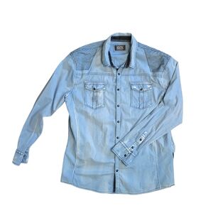 Distressed Denim Western Snap Shirt XXL Vintage Inspired Rugged Cowboy Ranch